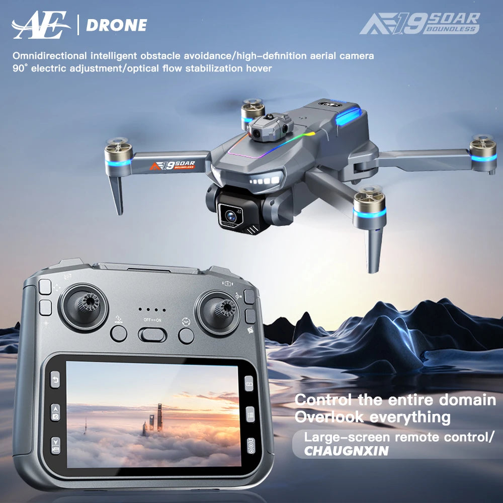 Drone AE19 GPS, écran LCD 4,3", double caméra 8K/4K, rotation à 360° avec détection d'obstacles, 3 options de batterie, quadricoptère radiocommandé professionnel, idéal pour les cadeaux et les voyages.