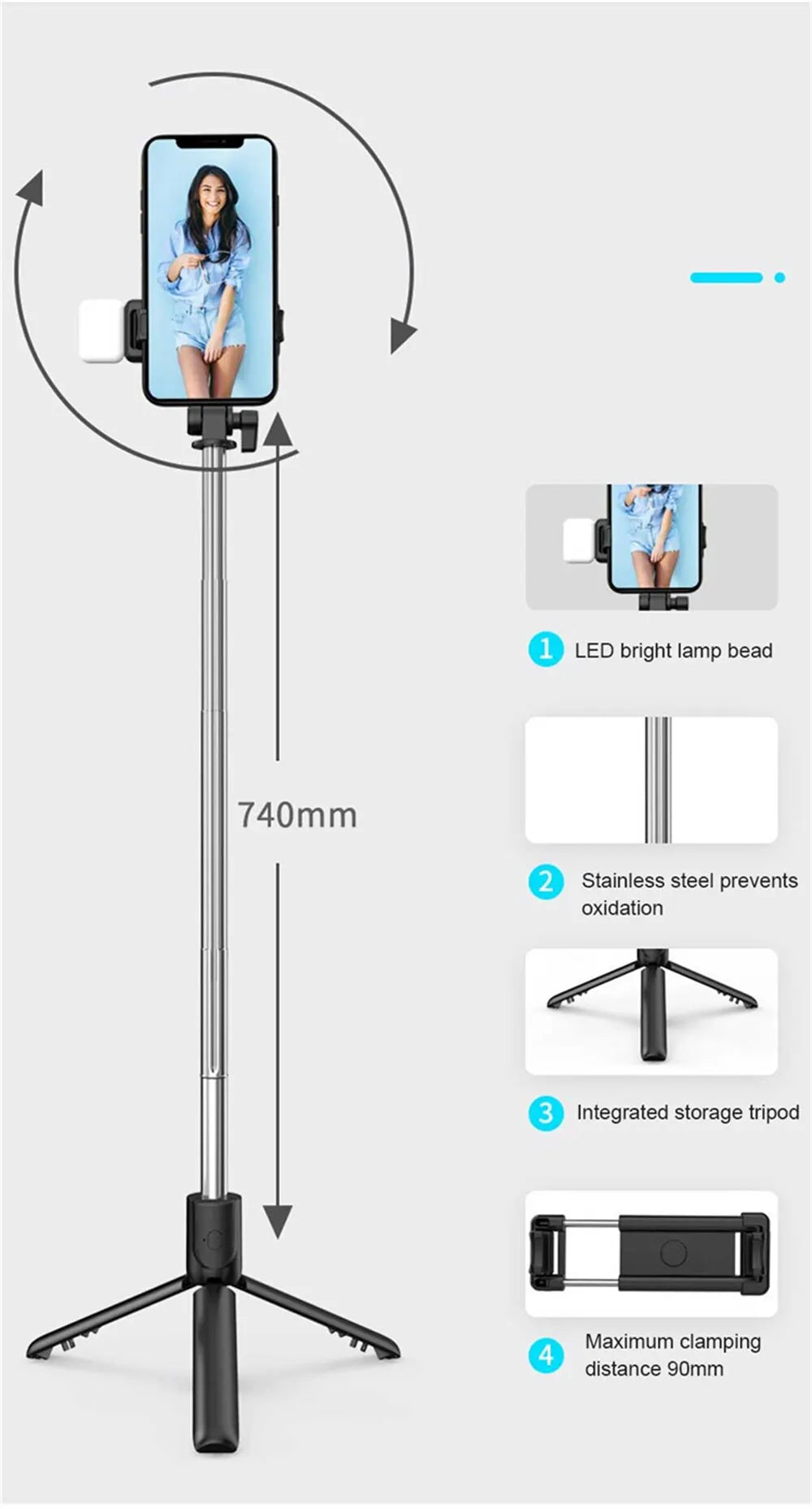 Perche à selfie sans fil avec support de téléphone, mini trépied multifonctionnel rétractable de 74 cm, lampe selfie LED et déclencheur à distance Bluetooth.