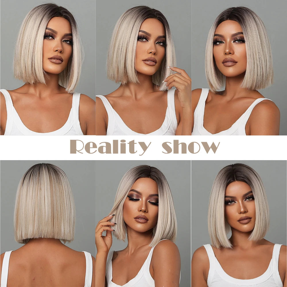 Perruque synthétique blanche, blonde et grise avec frange, coupe courte et lisse, idéale pour le cosplay et le quotidien. Cheveux naturels et résistants à la chaleur.