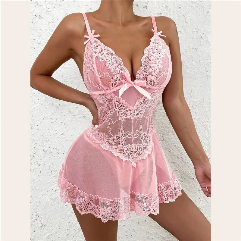 Lingerie sexy pour femme, nuisette en dentelle, sous-vêtements érotiques, soutien-gorge ouvert, pyjama en résille transparente, costumes sexy, body, tenue porno exotique