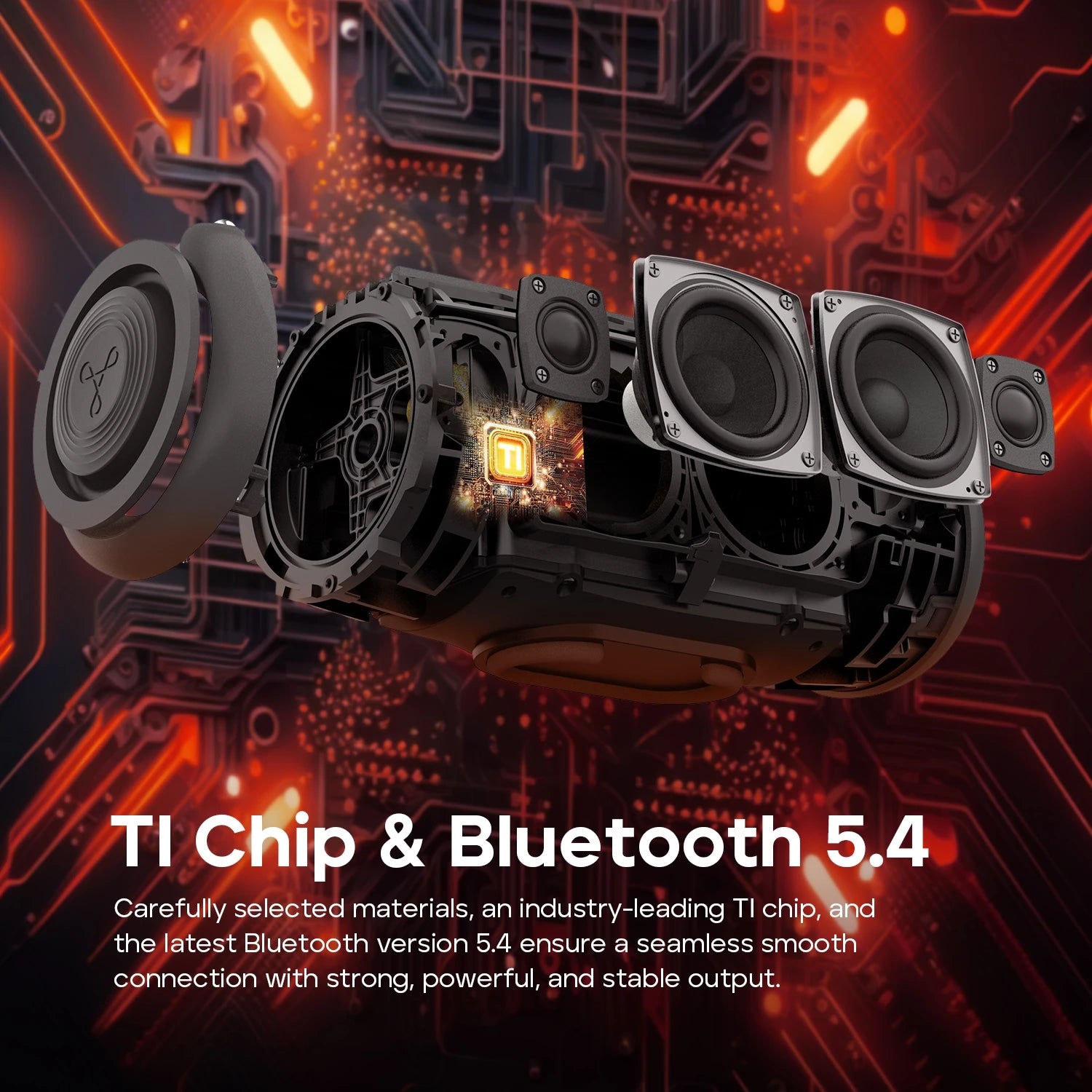 Enceinte Bluetooth portable TRIBIT StormBox Lava 80W avec batterie externe intégrée, contrôle via application, étanche IP67, idéale pour les activités de plein air, le camping et les fêtes.