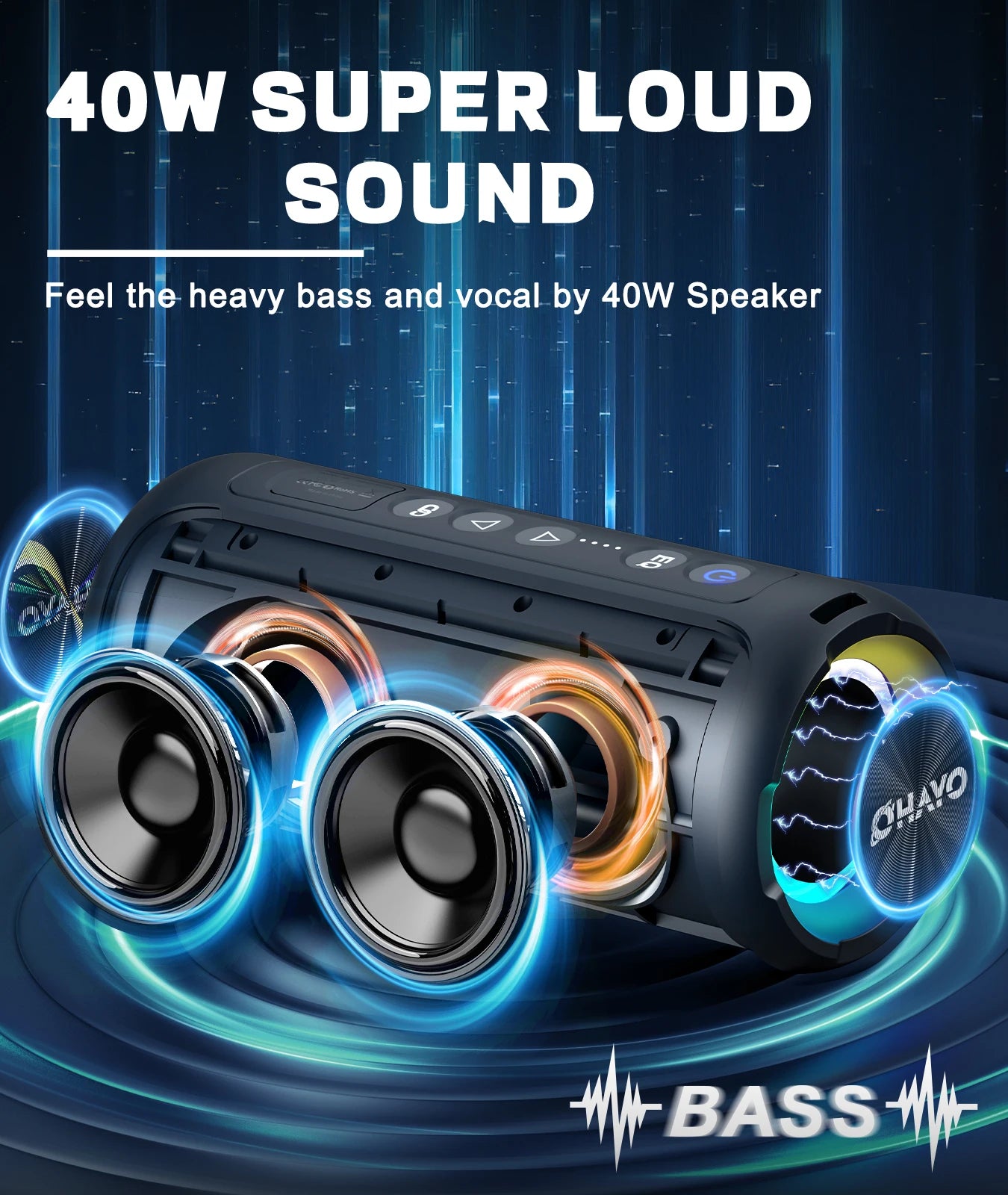 Enceinte Bluetooth Ortizan 40 W avec basses renforcées, portable, sans fil, pour l'extérieur, autonomie de 30 heures, étanche IP7, Bluetooth 5.3