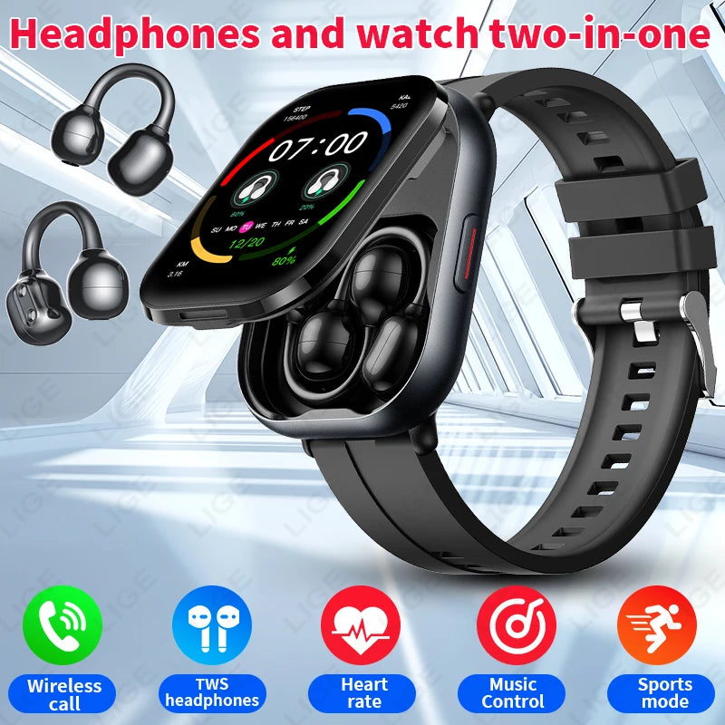 Montre connectée LIGE à écran HD 2,01 pouces, avec écouteurs intégrés, pour hommes et femmes, et appels Bluetooth. Nombreux cadrans disponibles.