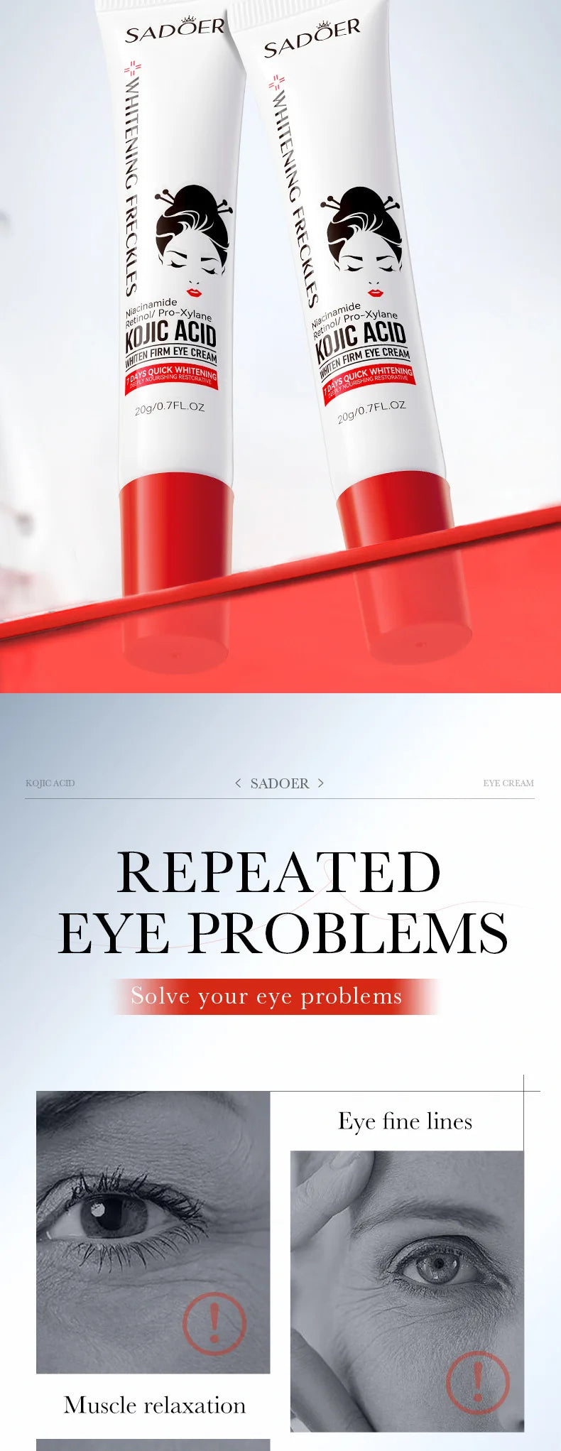 Crema para el contorno de ojos con ácido kójico y retinol de SADOER: antiojeras, elimina bolsas debajo de los ojos, hidrata y reafirma. Productos para el cuidado de la piel del contorno de ojos.