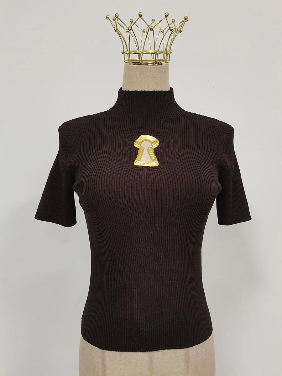 TWOTWINSTYLE Hollow Out Spliced Metal Buckle T Shirts For Women Turtleneck Short Sleeve Minimalist Slimming T Shirt Female 2025