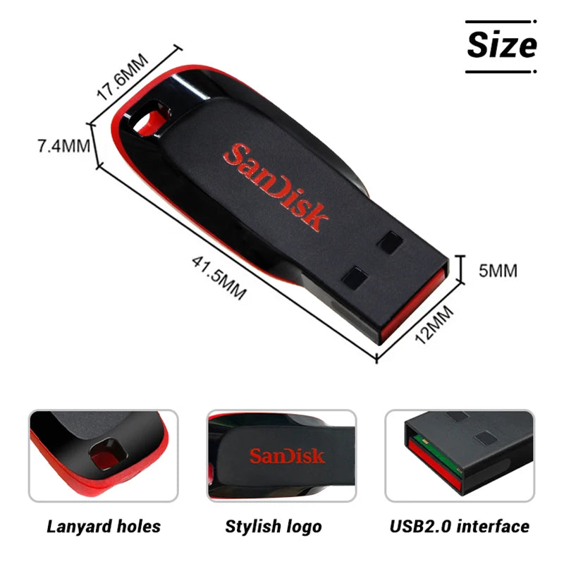 Clé USB SanDisk Cruzer Blade originale 16 Go, 32 Go, 64 Go, 128 Go, disque de stockage USB portable pour ordinateur