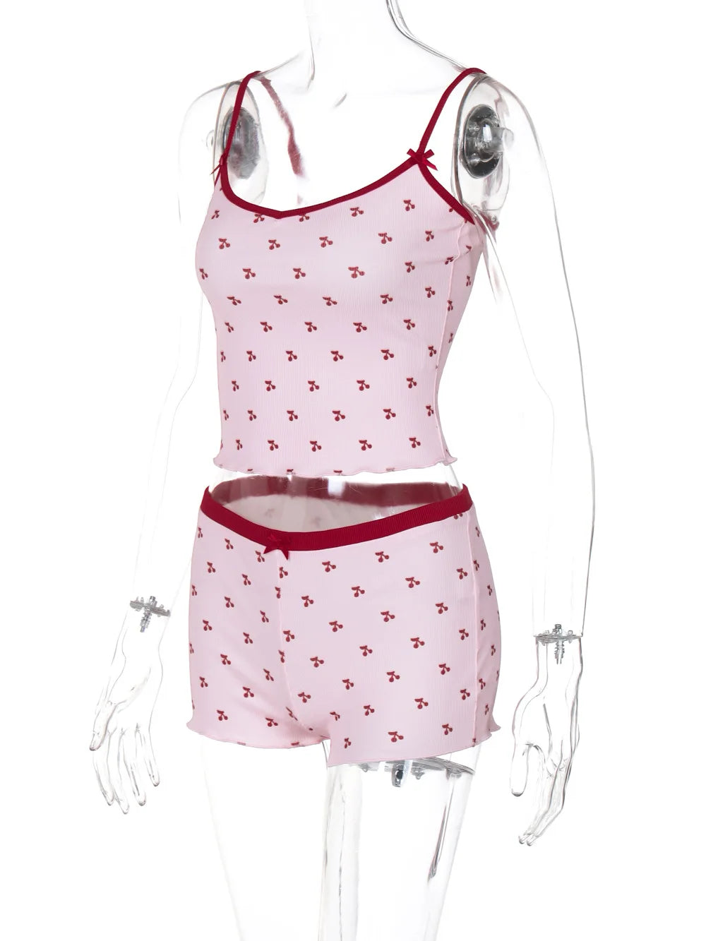 Ensemble pyjama 2 pièces Kawaii pour femme, débardeur sans manches et short à imprimé cerises, vêtement de nuit doux et confortable.