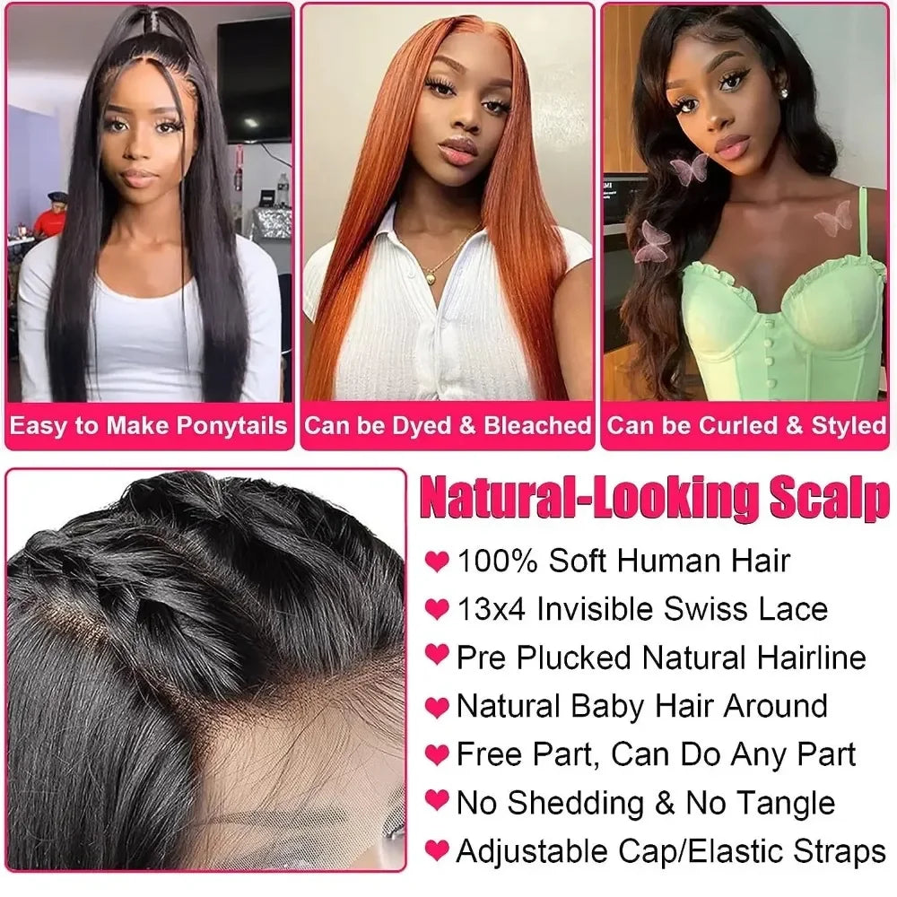 Perruque en cheveux humains pré-épilés, densité 200, 13x4 ou 13x6, lace frontale 360 HD transparente, longueur 40 ou 46 pouces, lisse, closure 5x5.