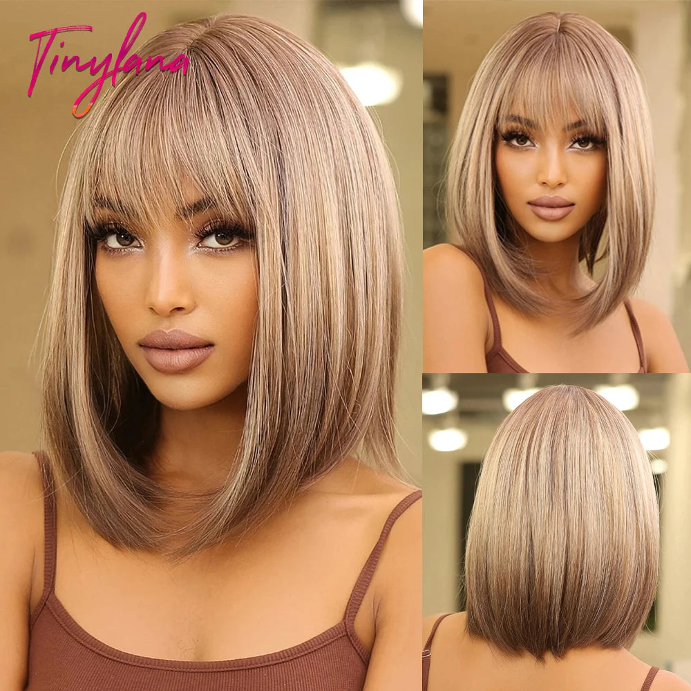 Perruque synthétique blanche, blonde et grise avec frange, coupe courte et lisse, idéale pour le cosplay et le quotidien. Cheveux naturels et résistants à la chaleur.