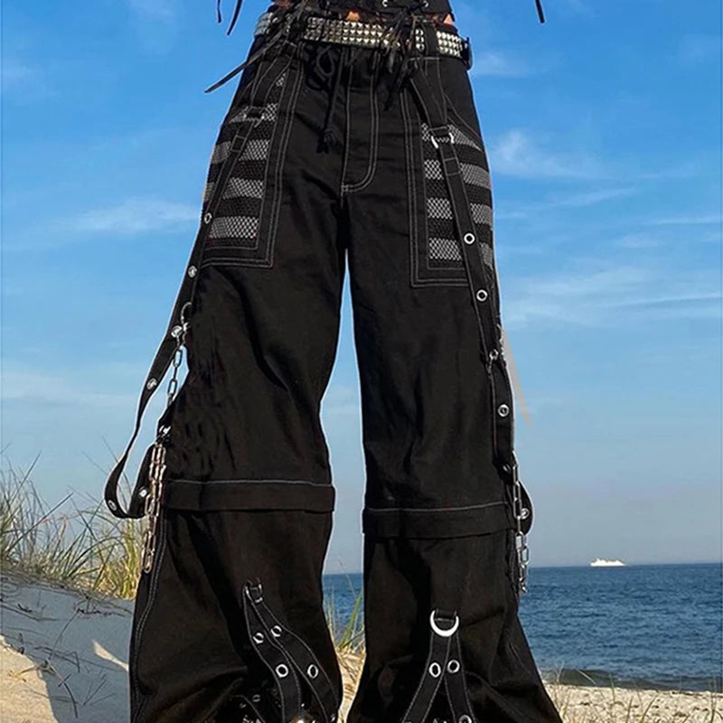 Pantalon en jean large style punk Y2K, pantalon ample gothique e-girl, pantalon cargo cyber grunge, jean baggy taille haute Harajuku pour femme