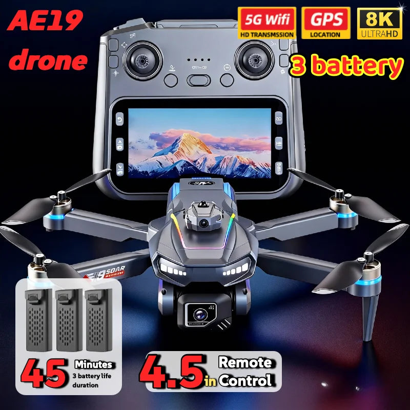 Drone AE19 GPS, écran LCD 4,3", double caméra 8K/4K, rotation à 360° avec détection d'obstacles, 3 options de batterie, quadricoptère radiocommandé professionnel, idéal pour les cadeaux et les voyages.