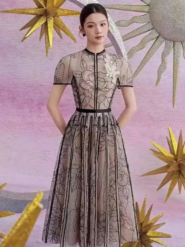 DEAT Elegant Dress O-neck Embroidery Gauze Patchwork A-line Solid Women's Evening Party Dresses 2026 Spring New Fashion 35Z927