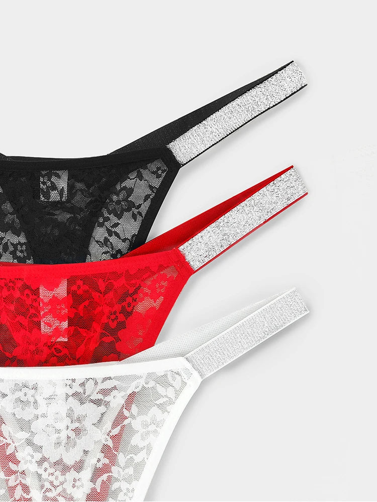 Lot de 3 strings sexy en dentelle pour femme, culottes fleuries transparentes, taille basse, deux ceintures brillantes, string confortable, lingerie intime