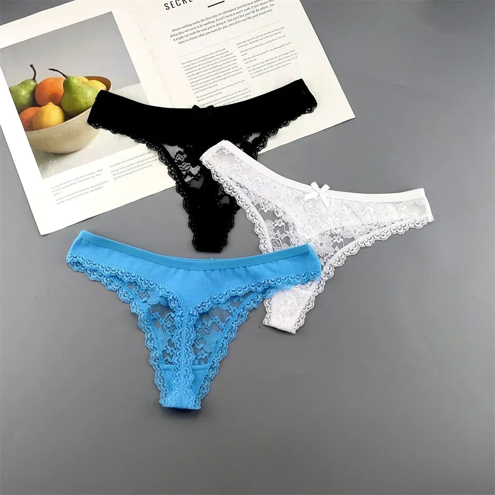 Lot de 3 culottes string sexy en dentelle transparente pour femme, sans coutures, style bikini, taille basse, tailles S à XXL