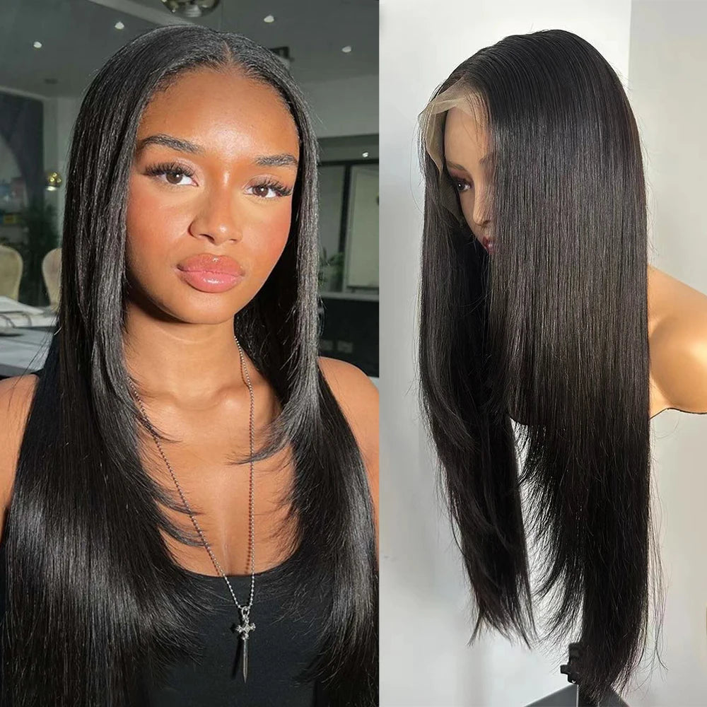 RONGDUOYI Perruque rose dégradée, lisse, avec lace front, cheveux naturels longs et raides, perruque synthétique en fibre chauffante violette pour cosplay