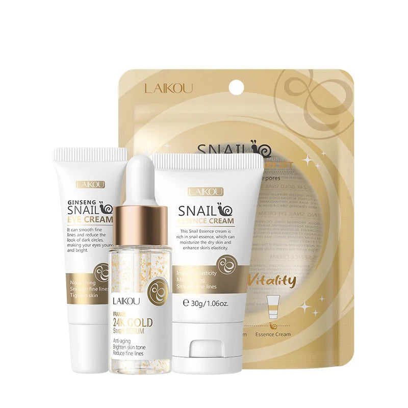 Set de 3 piezas LAIKOU Vitamina C 24K Golden Sakura Kit de cuidado facial Crema facial Sérum Crema para ojos Hidratante Antiarrugas