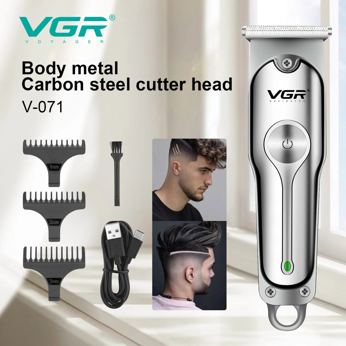 Tondeuse à cheveux professionnelle VGR 071, rechargeable, sans fil, portable, avec lame en T, pour hommes