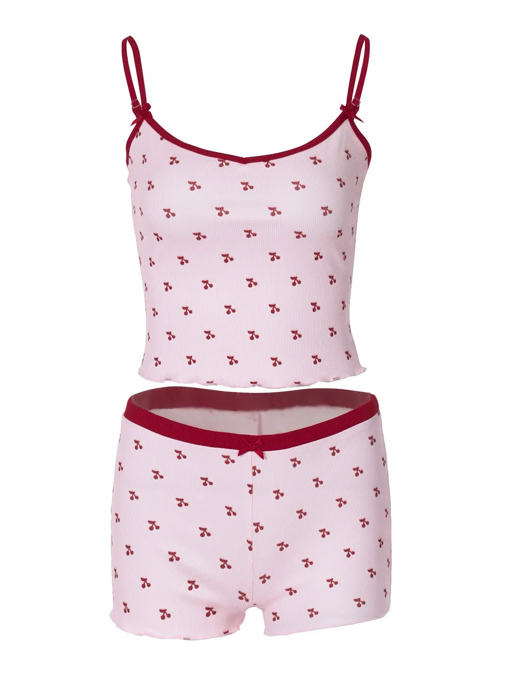 Ensemble pyjama 2 pièces Kawaii pour femme, débardeur sans manches et short à imprimé cerises, vêtement de nuit doux et confortable.