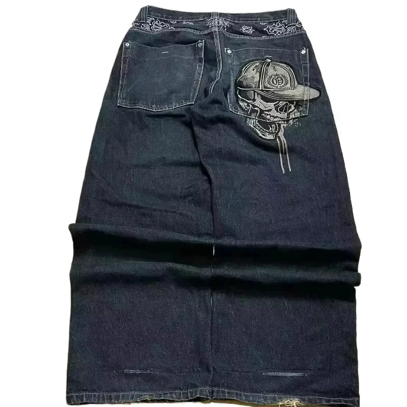 Jean tendance streetwear brodé de têtes de mort pour femme, style Harajuku Y2K, pantalon droit à jambes larges, style Joker, jean décontracté pour couple