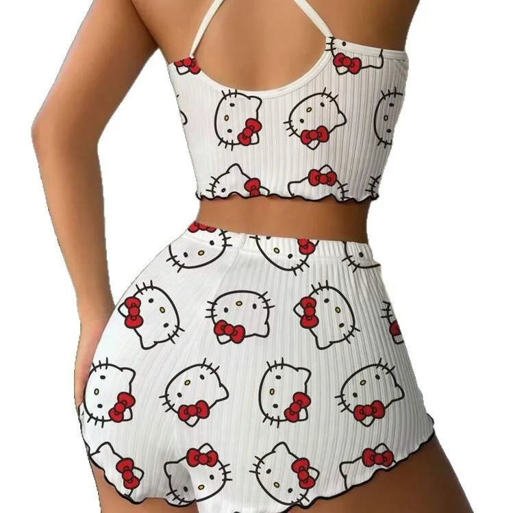 Ensemble pyjama short à bretelles courtes Spice Girl, nouveau dessin animé Hello Kitty, débardeur fin, short, idéal pour se détendre à l'extérieur.