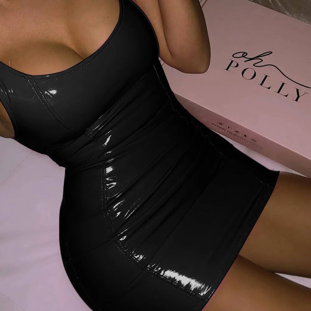 Robes Femme Été 2025 Soirée Boîte de Nuit Sexy et Tendance Robe Mini Sans Manches Fermeture Élastique en PU Haute Élastique Col Rond Jupe Cache-Cou