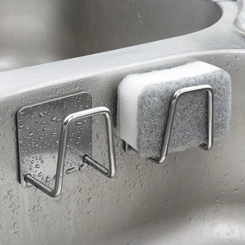 1 porte-éponge en acier inoxydable pour évier, avec égouttoir à billes en fil d'acier, à coller sur la paroi intérieure de l'évier. Accessoires de cuisine.