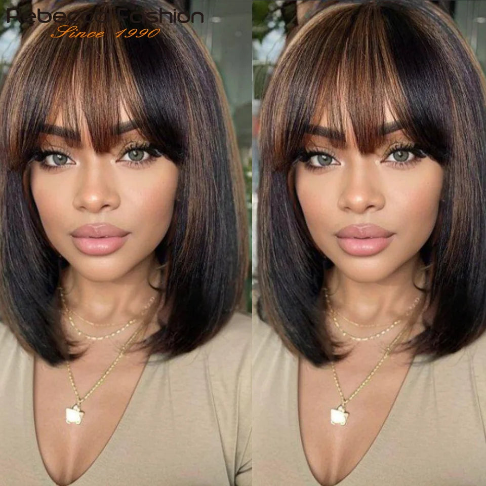 Perruques en cheveux humains lisses avec frange, raie au milieu, coupe au carré, style brésilien, effet cuir chevelu réaliste.
