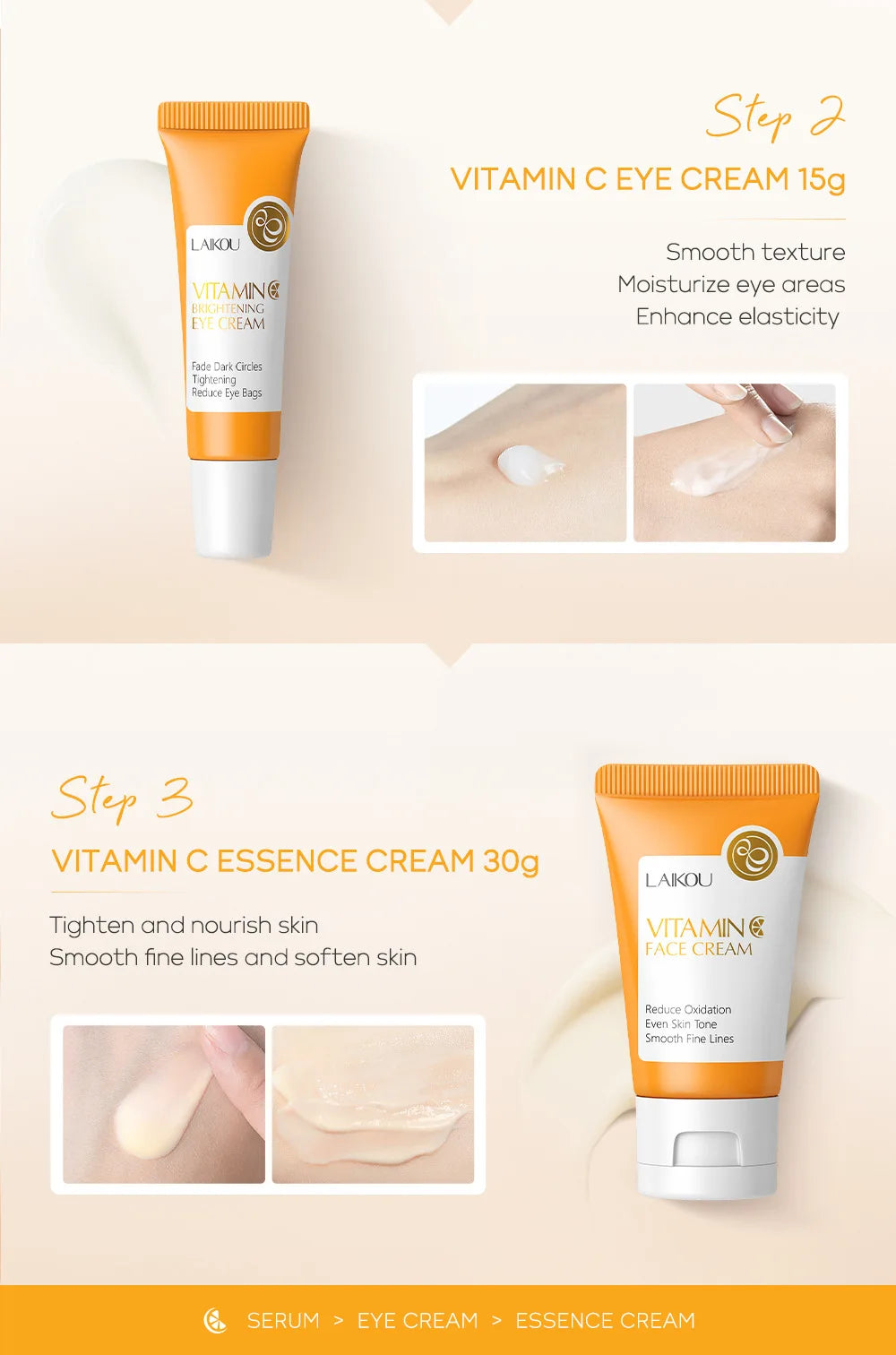 Set de 3 piezas LAIKOU Vitamina C 24K Golden Sakura Kit de cuidado facial Crema facial Sérum Crema para ojos Hidratante Antiarrugas