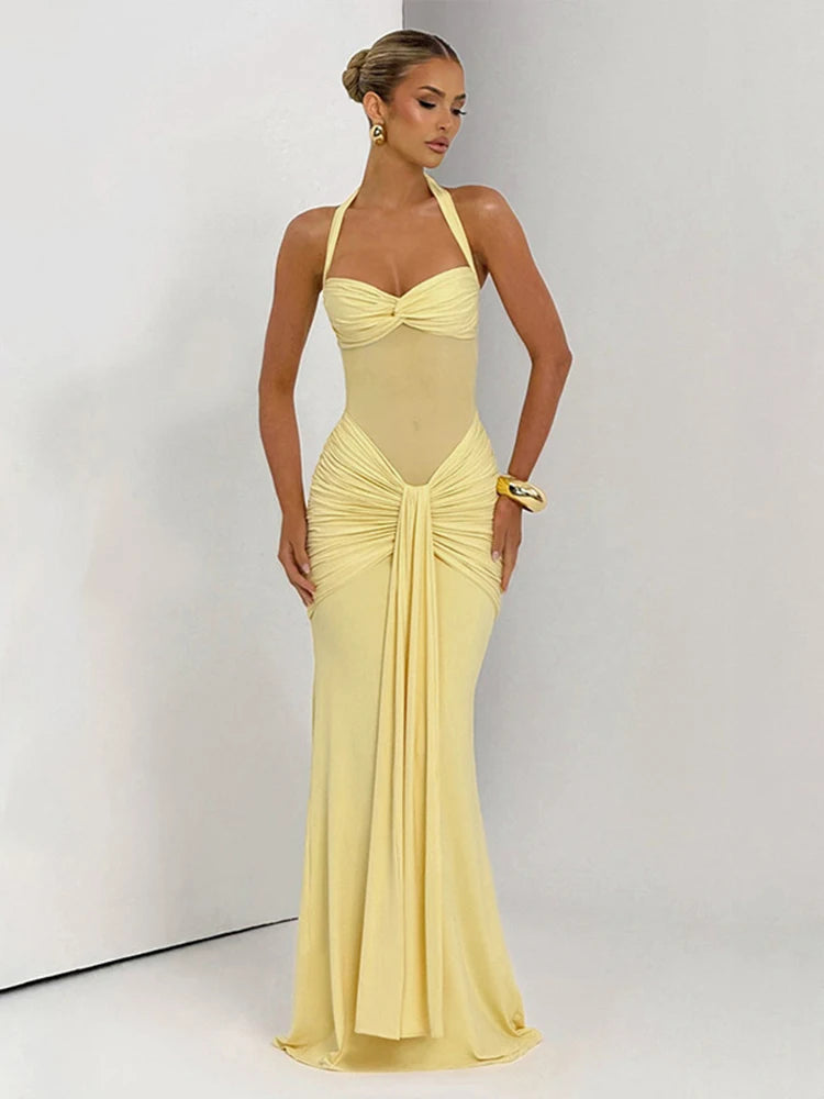 Robe maxi élégante patchwork pour femme, style classique et sexy, avec rubans transparents, dos nu et bretelles fines, coupe moulante, tendance festival et soirée.
