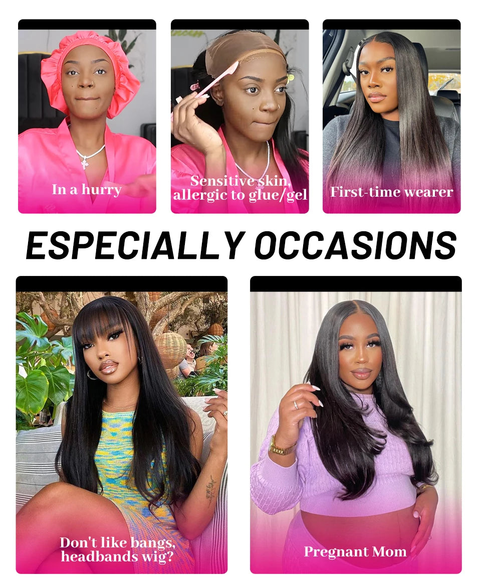 Perruques ISEE Hair sans colle, cheveux humains, prêtes à porter, lisses, pré-épilées, faciles à porter, avec lace front 7x5HD et dentelle prédécoupée.