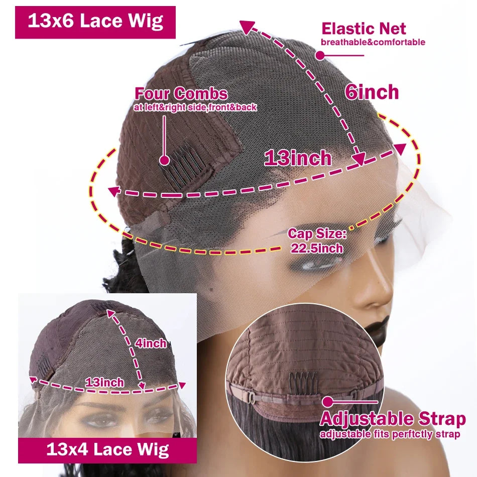 Perruque Lace Frontale HD 13x6 en cheveux humains brésiliens ondulés, 40 à 42 pouces, pour femmes.