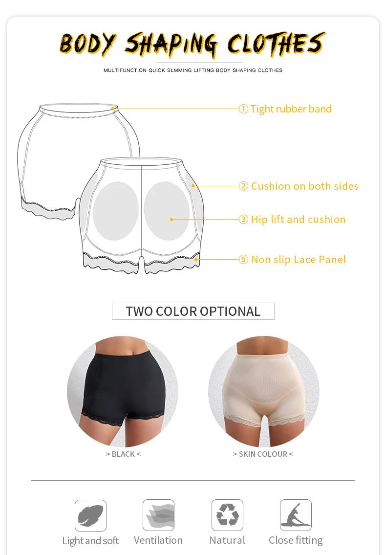 Culotte gainante avec coussinets pour les hanches, effet push-up et rehausseur de fesses, ventre plat, effet lissant, effet fesses rebondies.
