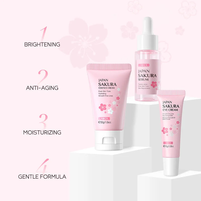 Set de 3 piezas LAIKOU Vitamina C 24K Golden Sakura Kit de cuidado facial Crema facial Sérum Crema para ojos Hidratante Antiarrugas