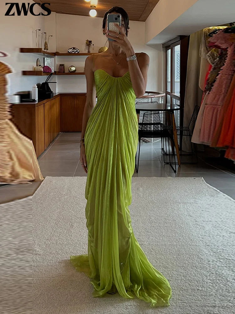 Green Pleated Party Gowns 2026 Summer New Female Sexy Off Shoulder Sleeveless Backless Sling Dresses Women's Solid Long Dress