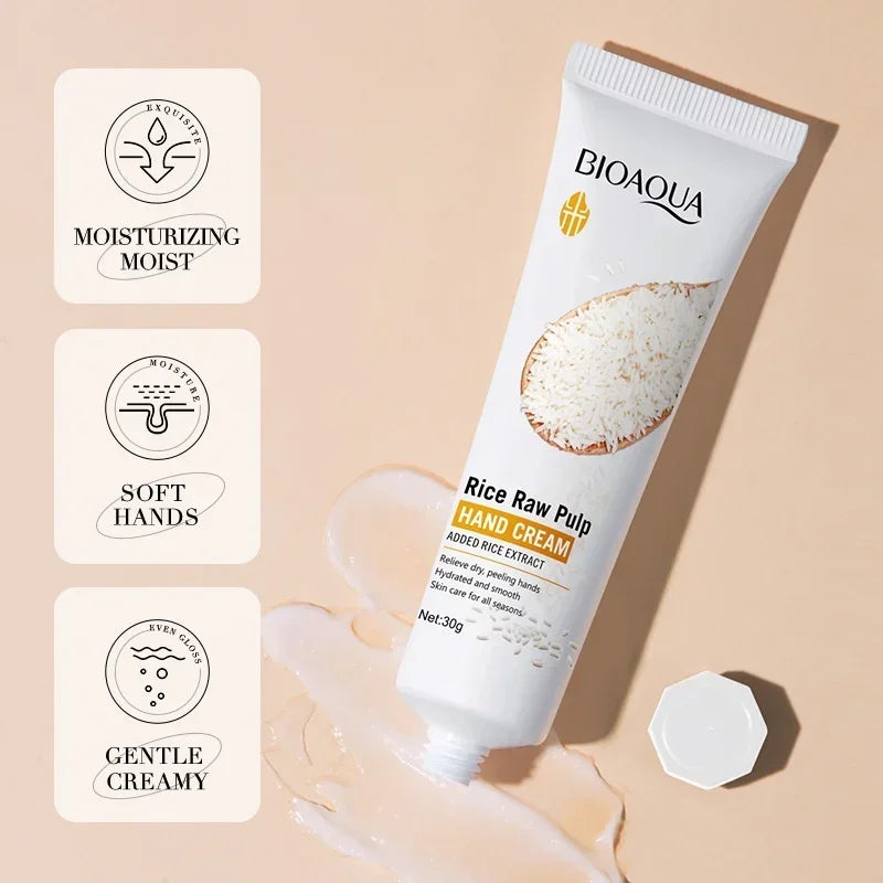 Crema de manos de arroz voluminizadora, rejuvenecedora, nutritiva, hidratante y refrescante. Crema de manos no grasa para el cuidado de las manos. 30 g.