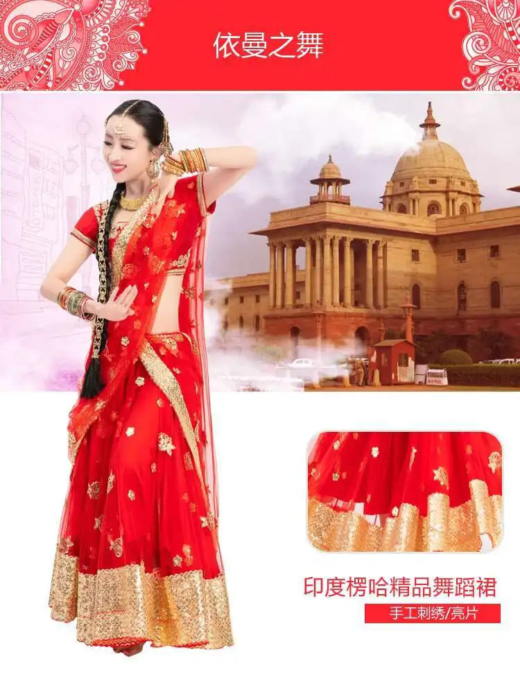 Yiman Exotic Indian Dance Dress Ethnic Style Female Photo Belly Dance Sari Top Big Swing Skirt Lengha Set