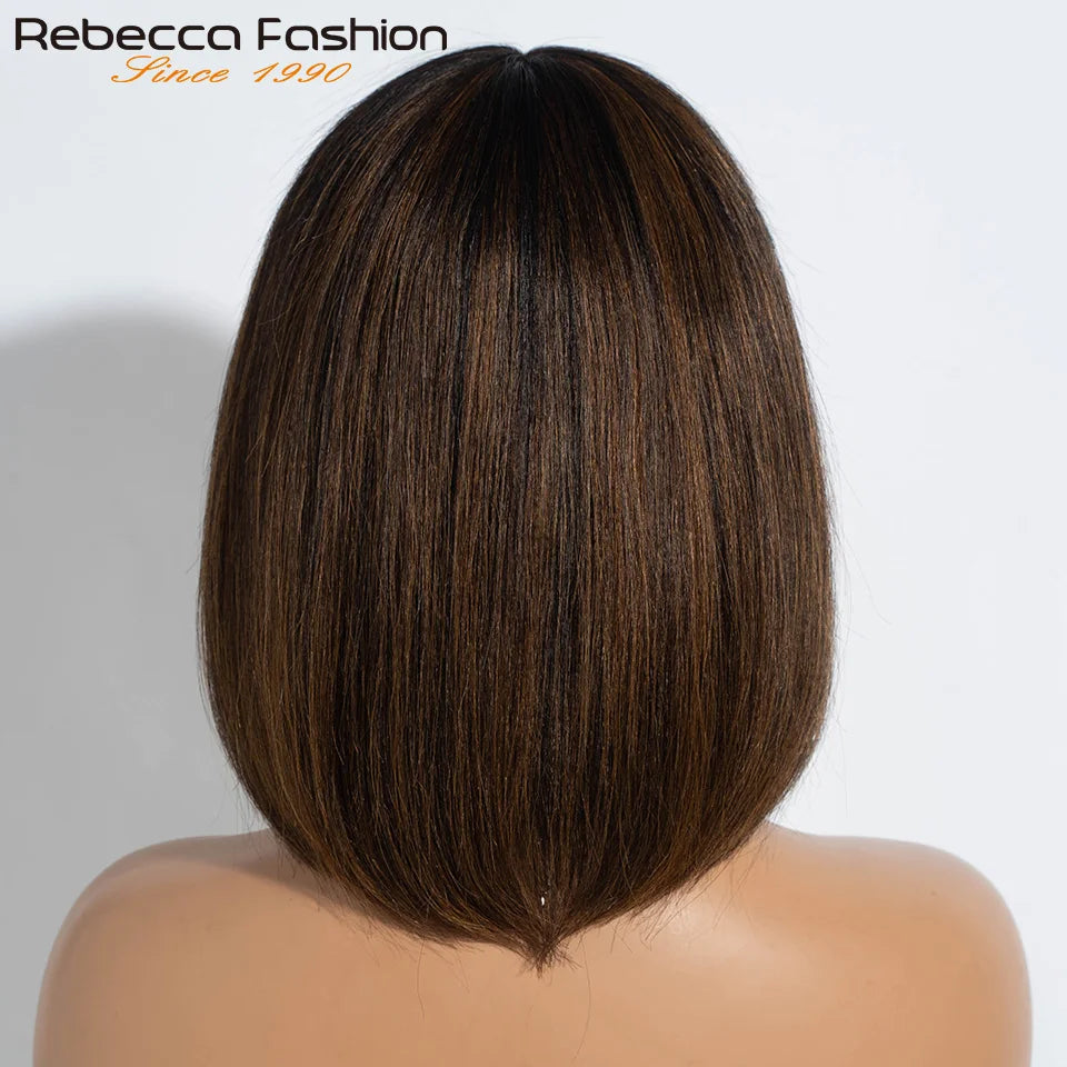 Perruques en cheveux humains lisses avec frange, raie au milieu, coupe au carré, style brésilien, effet cuir chevelu réaliste.