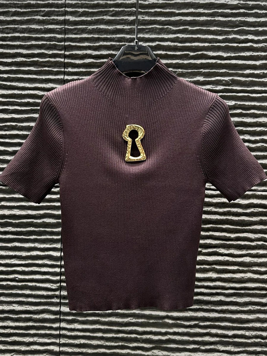 TWOTWINSTYLE Hollow Out Spliced Metal Buckle T Shirts For Women Turtleneck Short Sleeve Minimalist Slimming T Shirt Female 2025