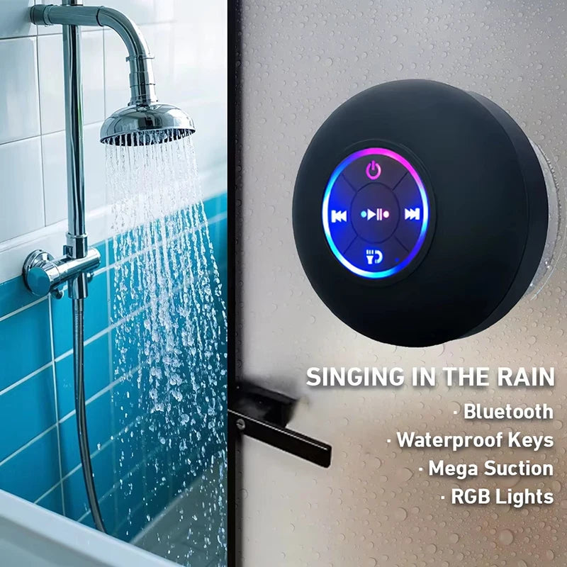 Enceinte Bluetooth portable sans fil avec lumière LED, étanche IPX4, idéale pour la salle de bain ou l'extérieur, avec grande ventouse et son stéréo.