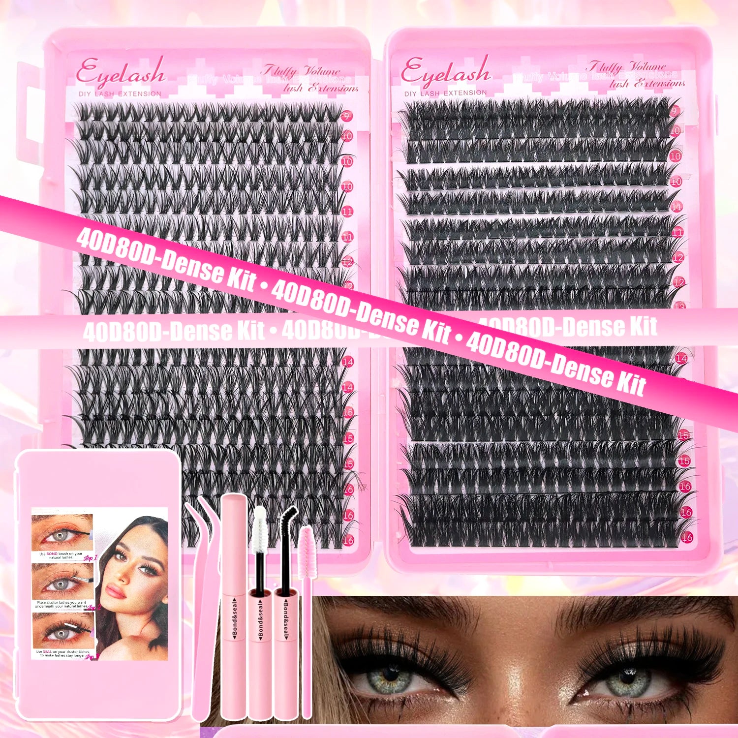 Kit d'extension de cils à faire soi-même : faux cils individuels de 9 à 16 mm avec colle et fixateur, effet naturel et vaporeux.