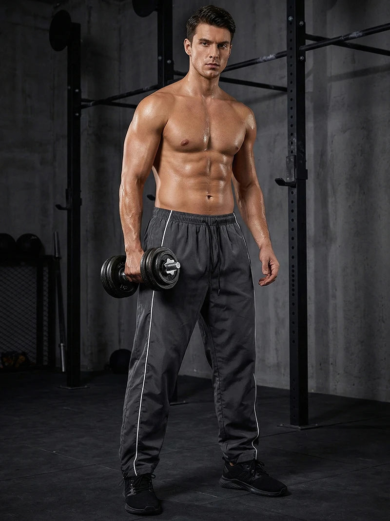 Pantalon de sport tendance pour homme, avec lignes, idéal pour la salle de sport et la course à pied. Poches latérales, séchage rapide et respirant.