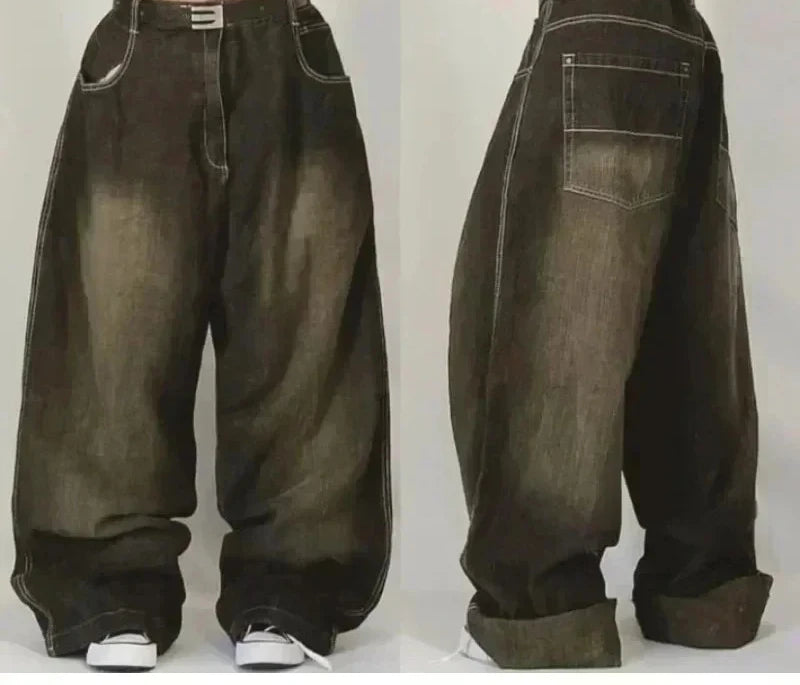 Jean tendance streetwear brodé de têtes de mort pour femme, style Harajuku Y2K, pantalon droit à jambes larges, style Joker, jean décontracté pour couple