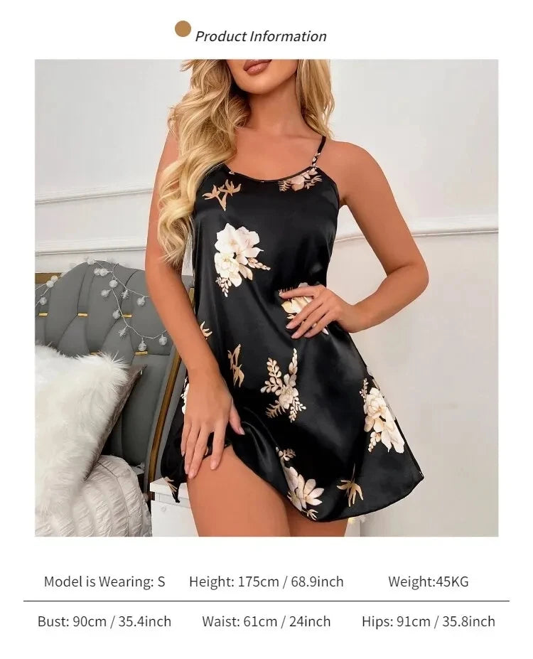 Vêtements de nuit pour femmes, vêtements d'intérieur, nuisette sexy noire à imprimé floral, chemises de nuit en soie, chemises de nuit pour femmes