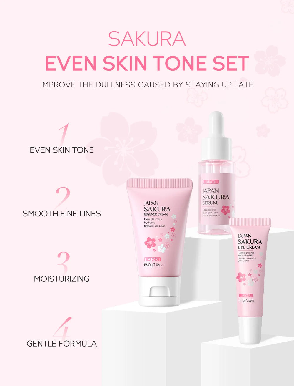 Set de 3 piezas LAIKOU Vitamina C 24K Golden Sakura Kit de cuidado facial Crema facial Sérum Crema para ojos Hidratante Antiarrugas