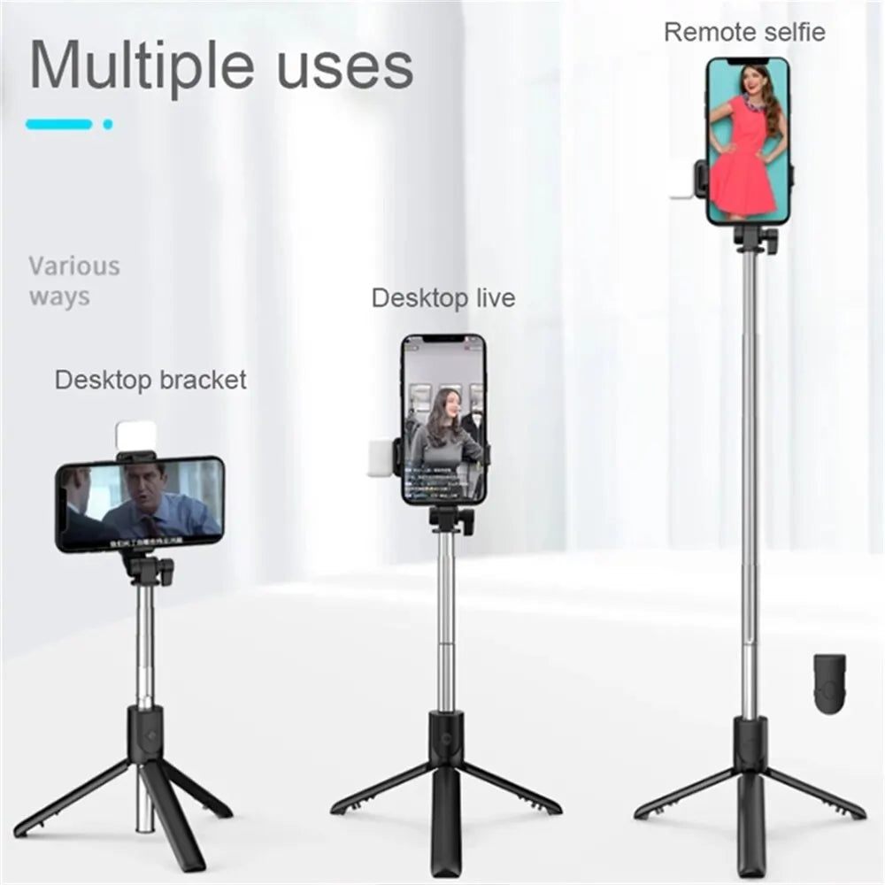 Perche à selfie sans fil avec support de téléphone, mini trépied multifonctionnel rétractable de 74 cm, lampe selfie LED et déclencheur à distance Bluetooth.