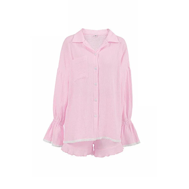 Ensemble pyjama en coton pour femme, automne, chemise à manches longues et short, ensemble 2 pièces, vêtements de nuit décontractés à volants.