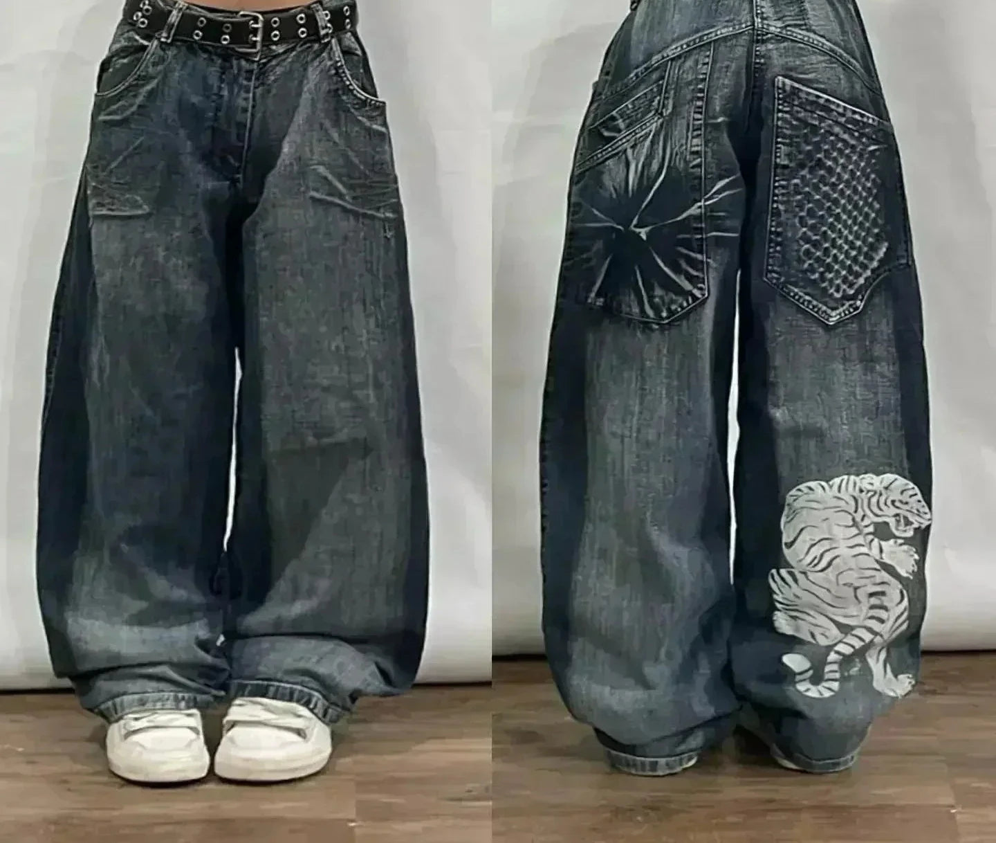 Jean tendance streetwear brodé de têtes de mort pour femme, style Harajuku Y2K, pantalon droit à jambes larges, style Joker, jean décontracté pour couple