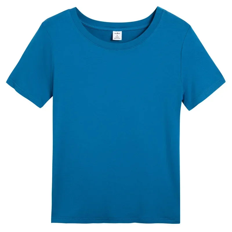 T-shirt MRMT 2026 pour femme, neuf, en coton et soie glacée, couleur unie, col rond, style minimaliste décontracté.