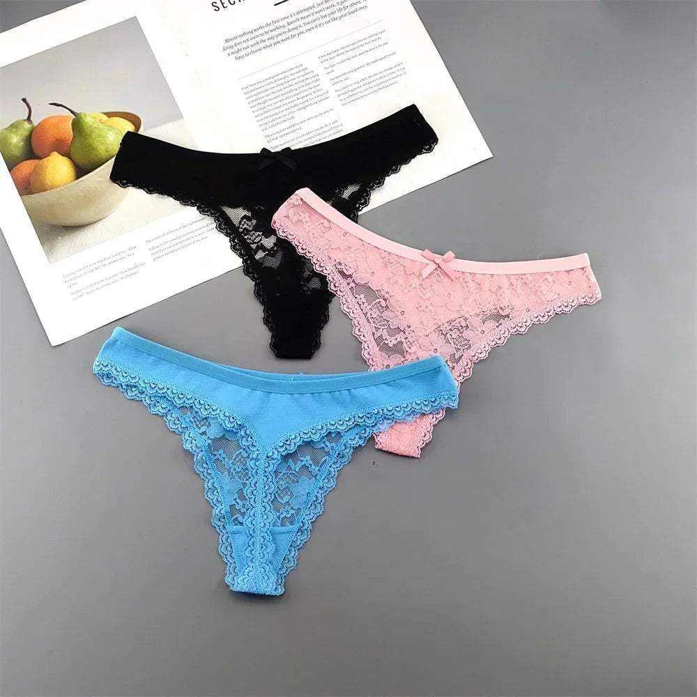 Lot de 3 culottes string sexy en dentelle transparente pour femme, sans coutures, style bikini, taille basse, tailles S à XXL