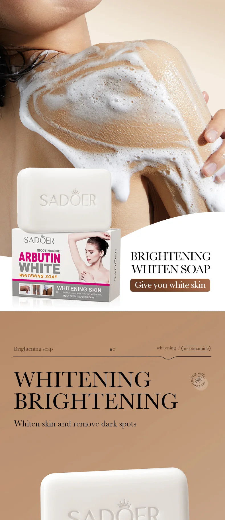 Savon visage moussant SADOER à la niacinamide et à l'arbutine, hydratant, éclaircissant et nettoyant en profondeur pour le corps et le visage. Savon artisanal.
